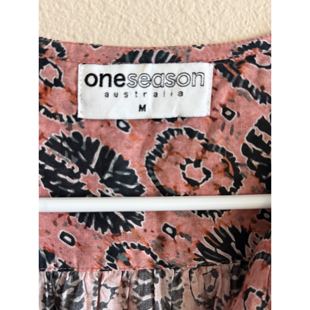 OneSeason Australia Pink Black Floral Cotton Lace Up Tunic Dress Womens Medium - Picture 4 of 7